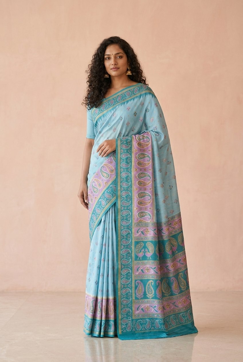 Ikkat-Inspired Resham Woven Cotton Silk Saree in Sky Blue