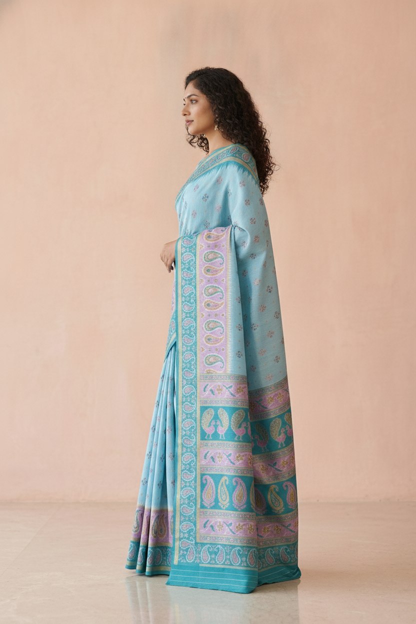 Ikkat-Inspired Resham Woven Cotton Silk Saree in Sky Blue