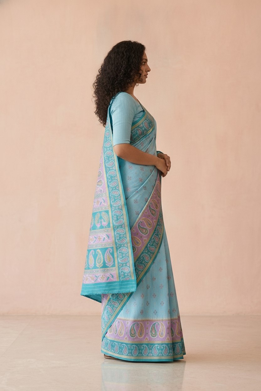 Ikkat-Inspired Resham Woven Cotton Silk Saree in Sky Blue