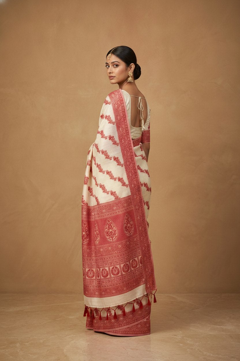 Resham Woven White and Red Linen Silk Saree in White Red