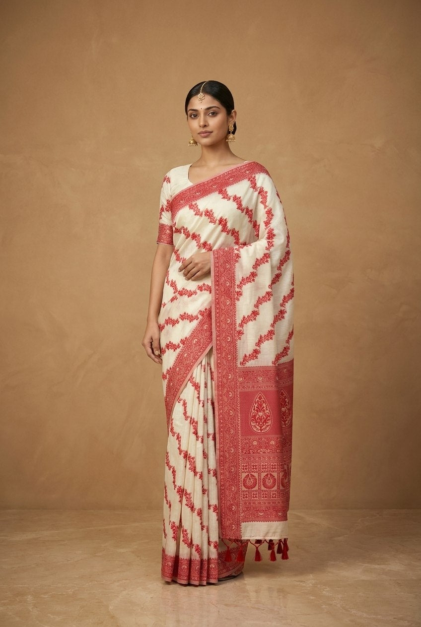 Resham Woven White and Red Linen Silk Saree in White Red