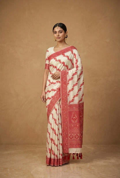 Resham Woven White and Red Linen Silk Saree in White Red