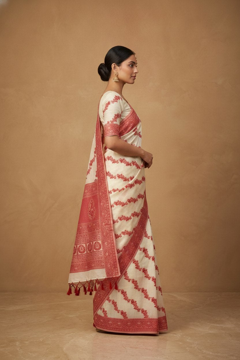 Resham Woven White and Red Linen Silk Saree in White Red