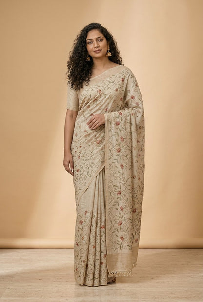Katha Embroidered Linen Silk Saree in Beige