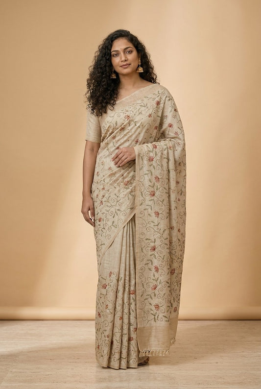 Katha Embroidered Linen Silk Saree in Beige