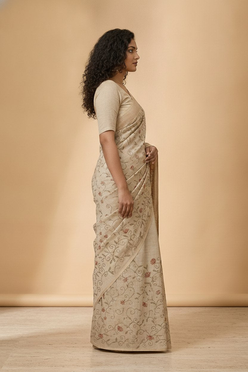 Katha Embroidered Linen Silk Saree in Beige