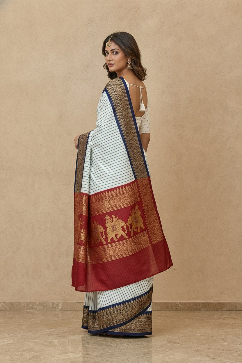 Striped Modal Crepe Silk Saree with Ganga-Jamuna Borders in Blue