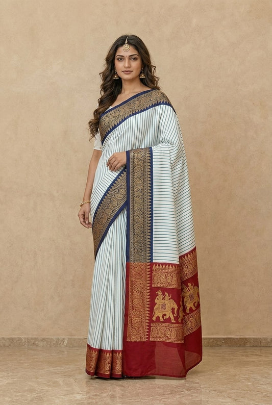 Striped Modal Crepe Silk Saree with Ganga-Jamuna Borders in Blue