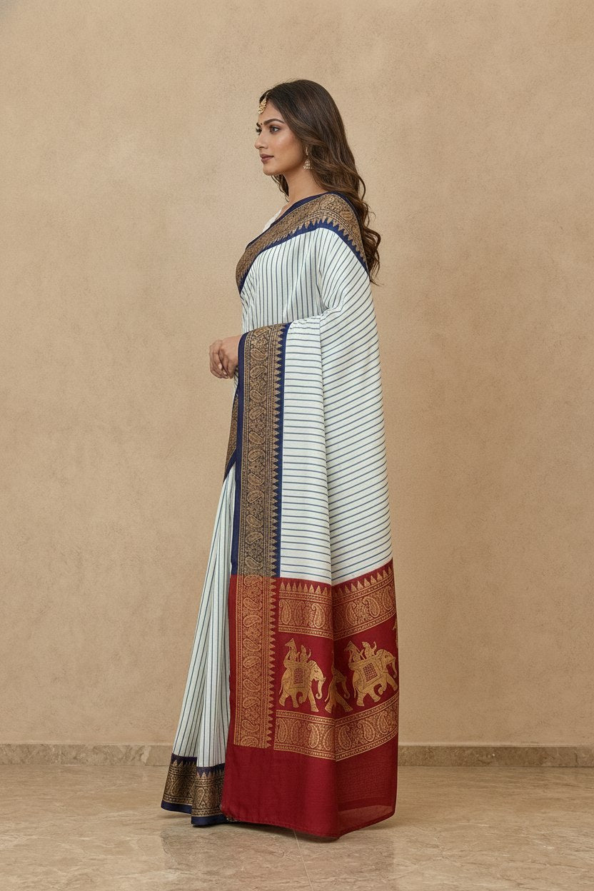 Striped Modal Crepe Silk Saree with Ganga-Jamuna Borders in Blue