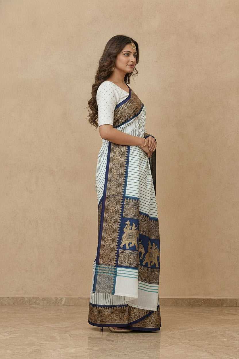 Striped Modal Crepe Silk Saree with Ganga-Jamuna Borders in Blue