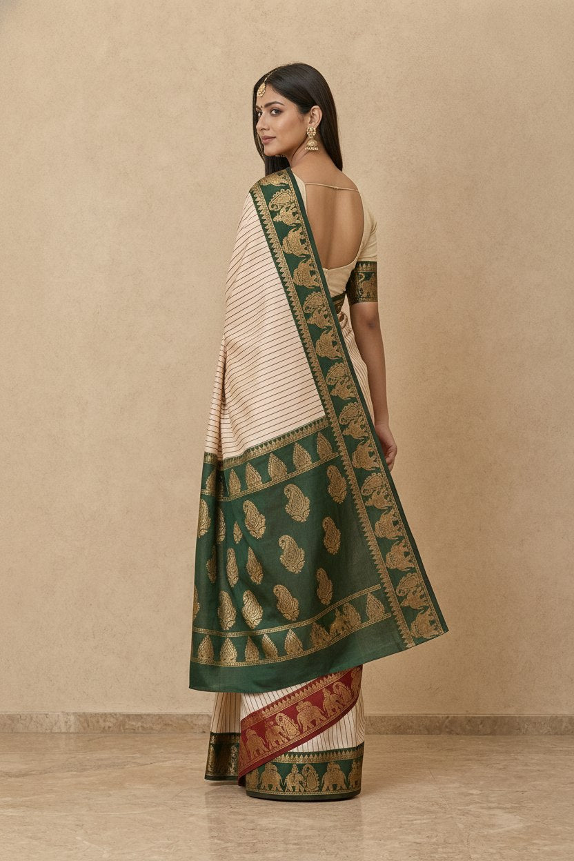 Striped Modal Crepe Silk Saree with Ganga-Jamuna Borders in Cream