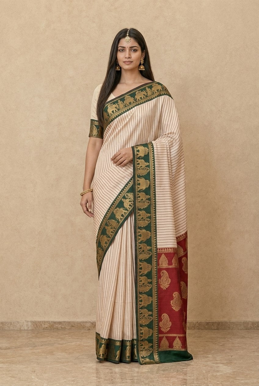 Striped Modal Crepe Silk Saree with Ganga-Jamuna Borders in Cream