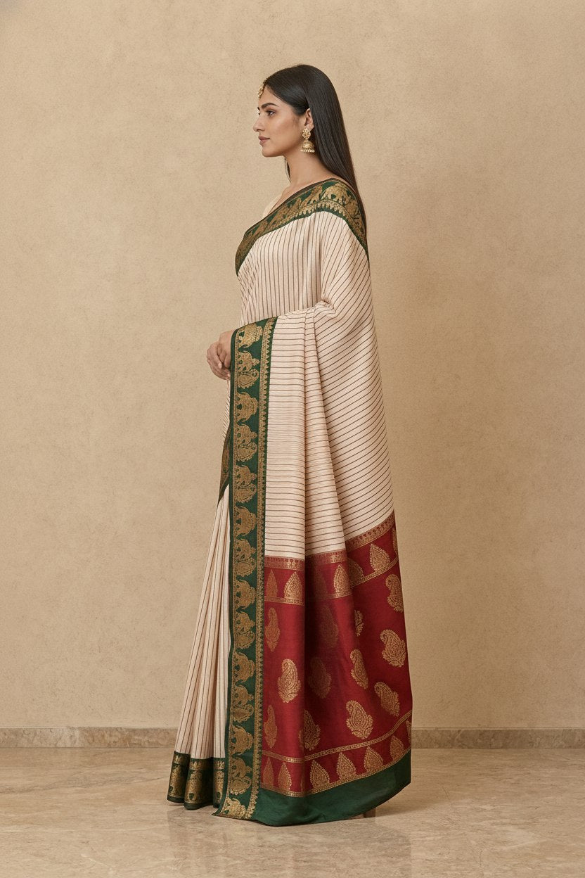 Striped Modal Crepe Silk Saree with Ganga-Jamuna Borders in Cream