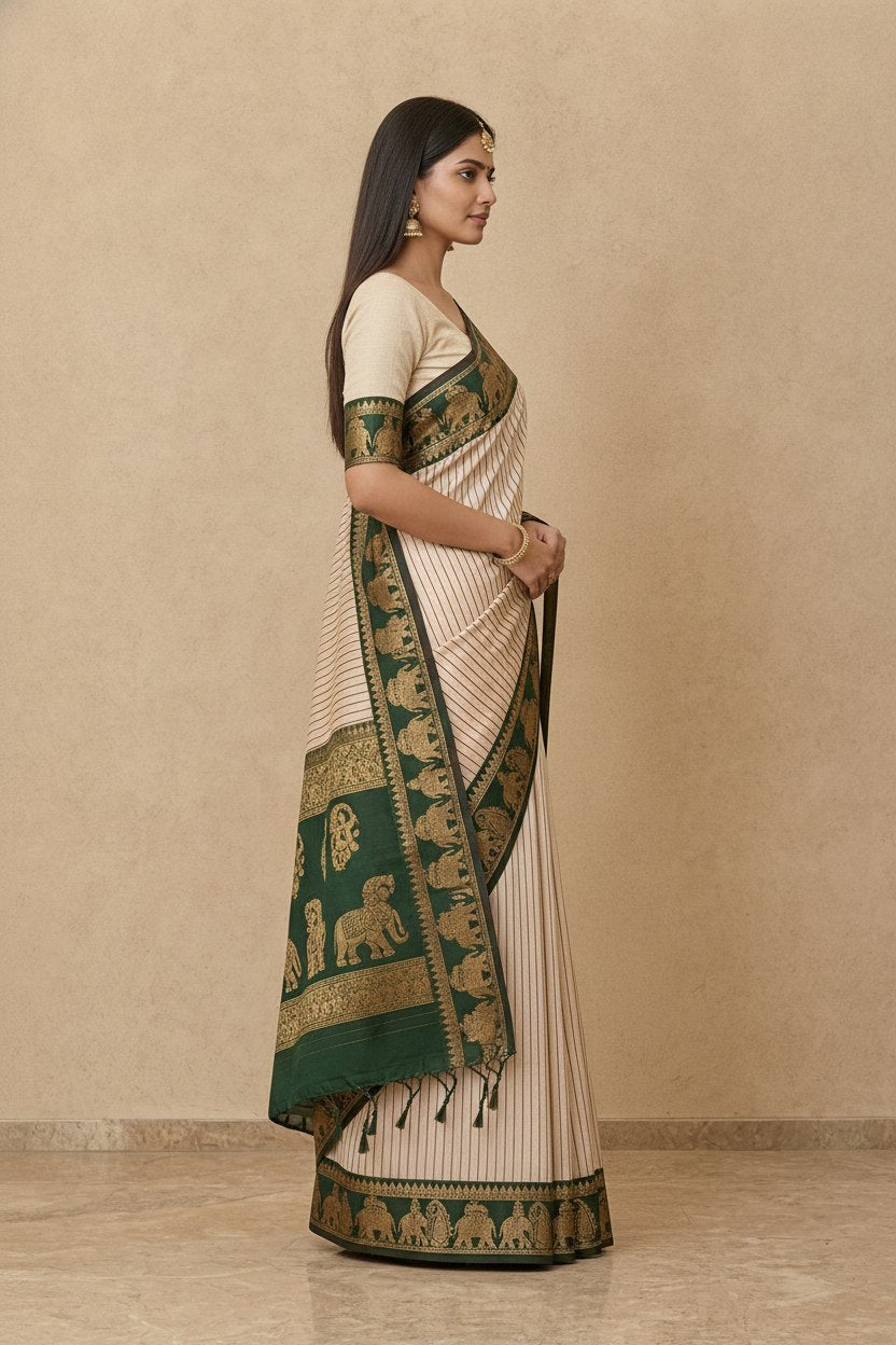 Striped Modal Crepe Silk Saree with Ganga-Jamuna Borders in Cream