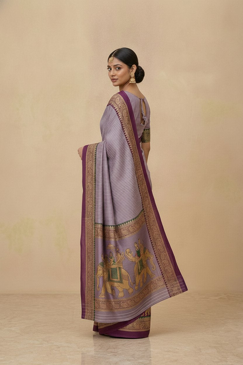 Striped Modal Crepe Silk Saree with Ganga-Jamuna Borders in Lilac