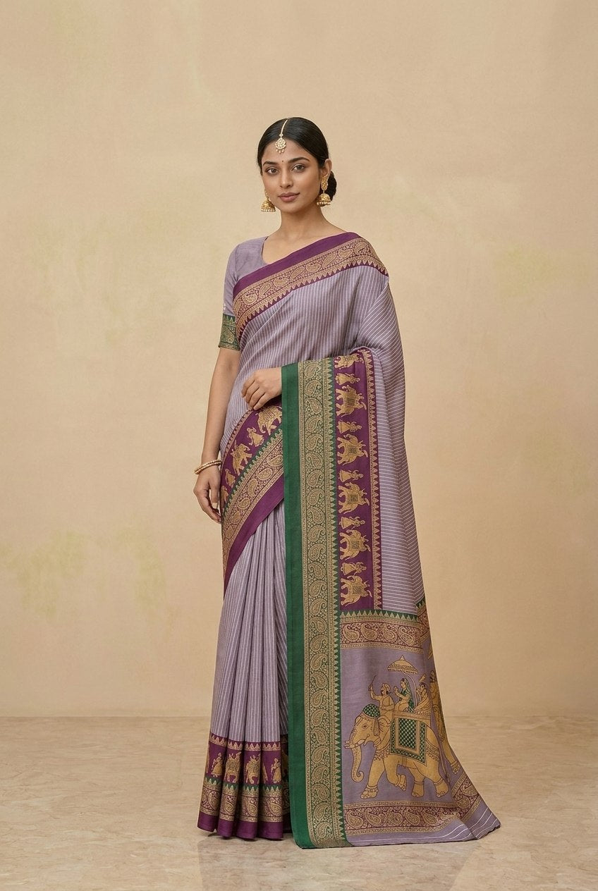 Striped Modal Crepe Silk Saree with Ganga-Jamuna Borders in Lilac