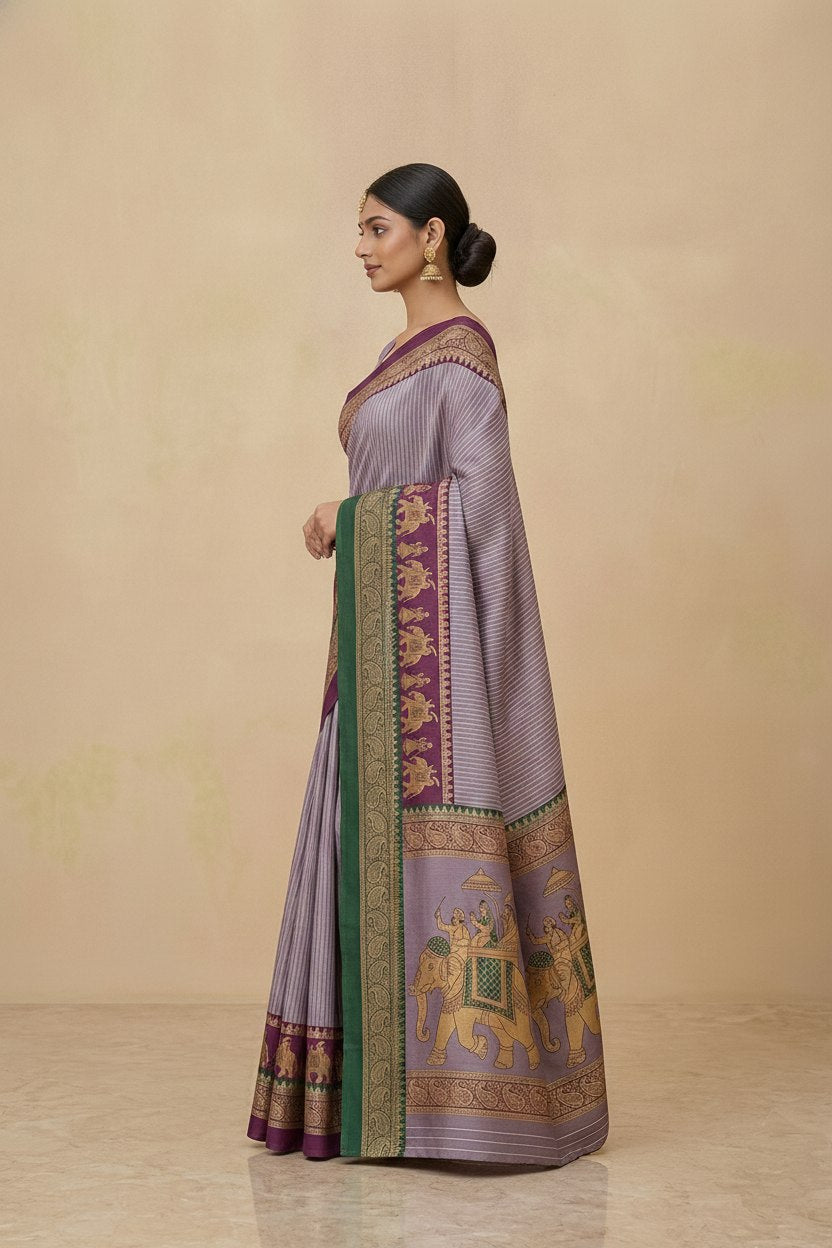 Striped Modal Crepe Silk Saree with Ganga-Jamuna Borders in Lilac