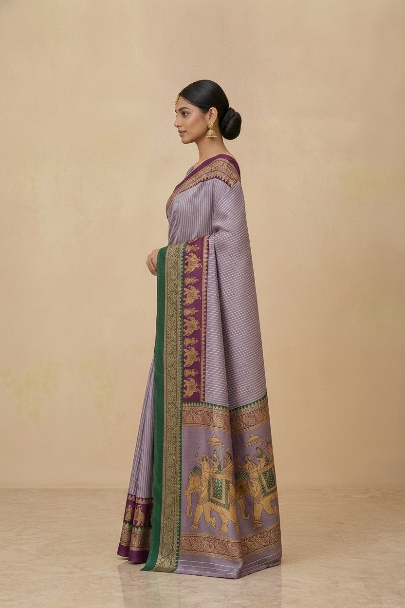 Striped Modal Crepe Silk Saree with Ganga-Jamuna Borders in Lilac
