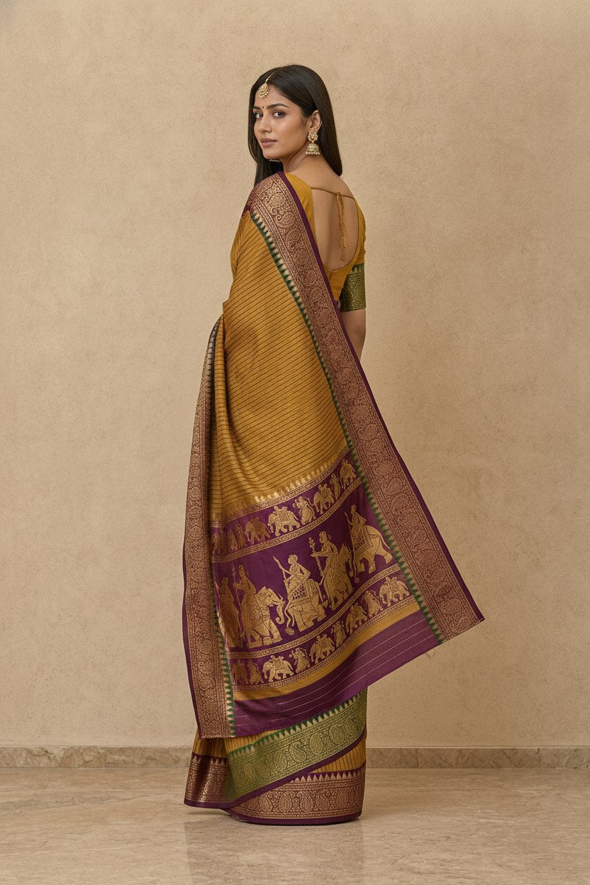 Striped Modal Crepe Silk Saree with Ganga-Jamuna Borders in Mustard