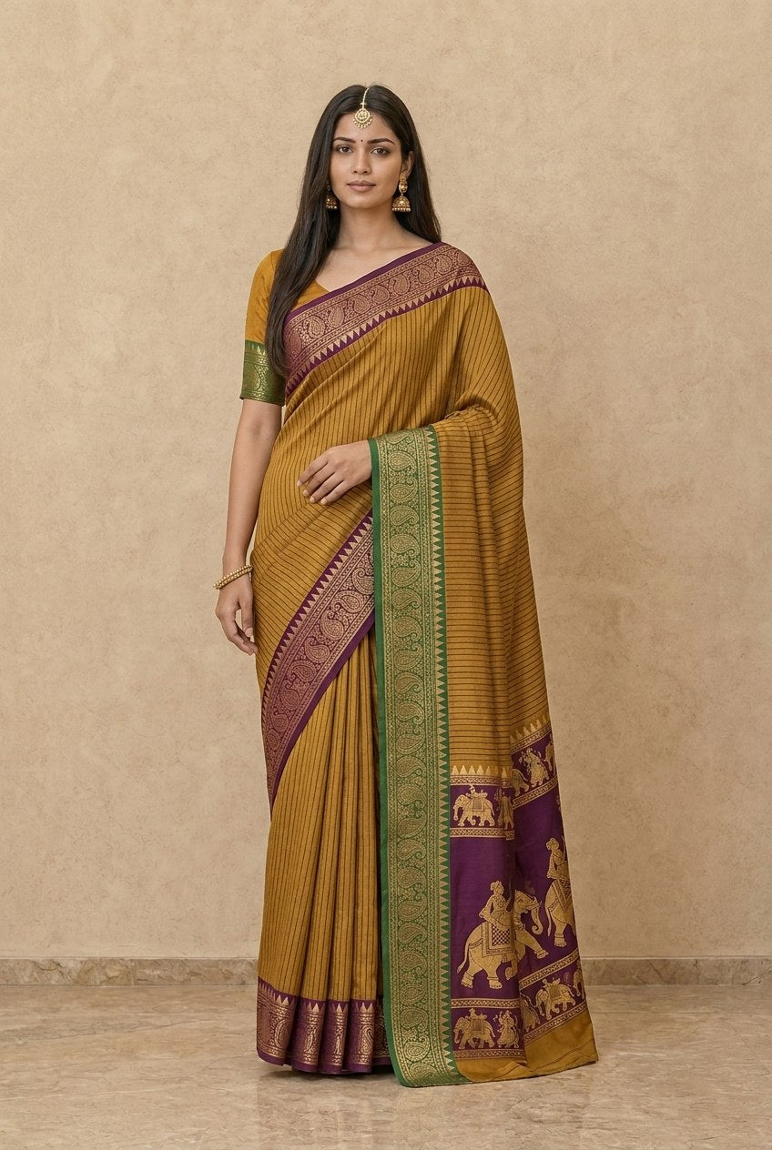 Striped Modal Crepe Silk Saree with Ganga-Jamuna Borders in Mustard
