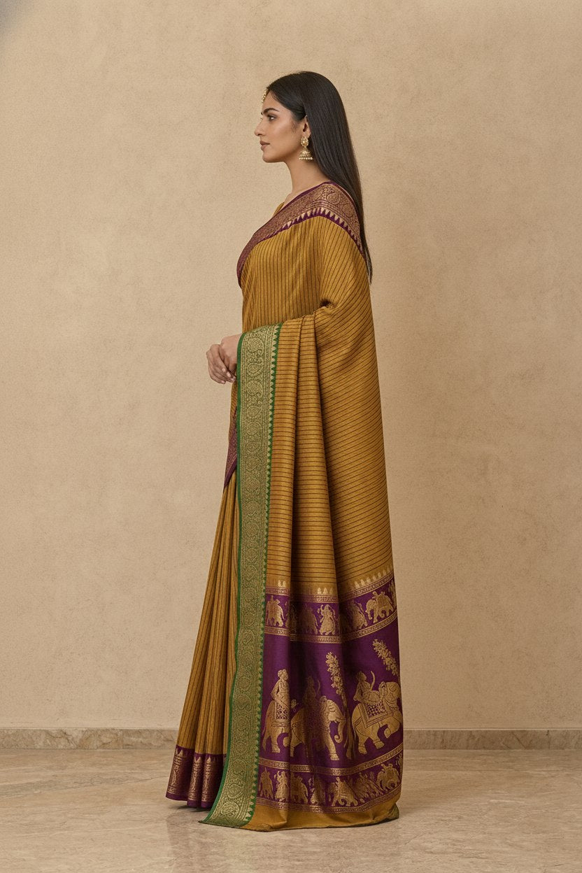 Striped Modal Crepe Silk Saree with Ganga-Jamuna Borders in Mustard