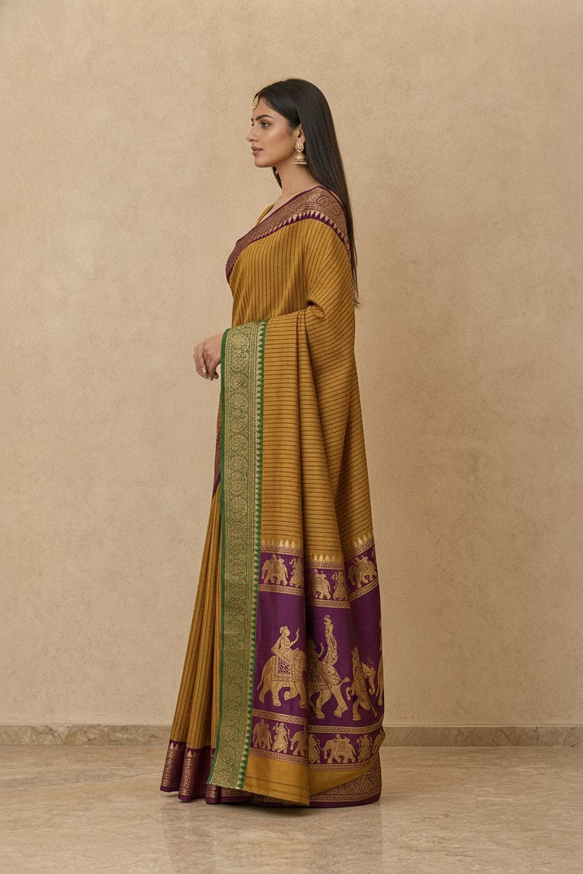 Striped Modal Crepe Silk Saree with Ganga-Jamuna Borders in Mustard