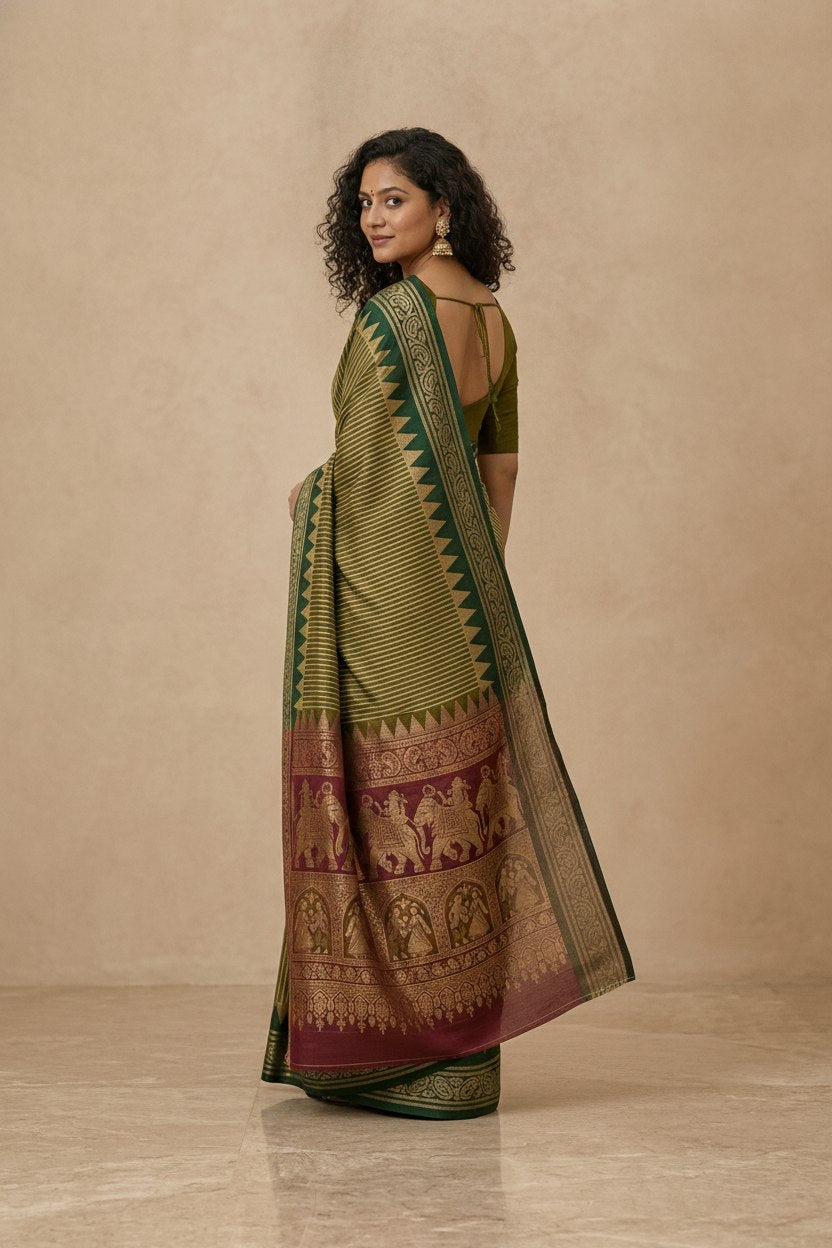Striped Modal Crepe Silk Saree with Ganga-Jamuna Borders in Olive