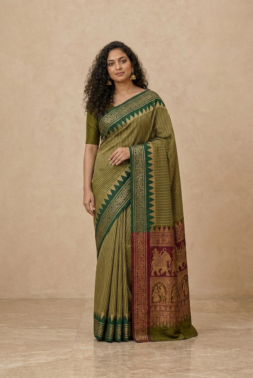 Striped Modal Crepe Silk Saree with Ganga-Jamuna Borders in Olive