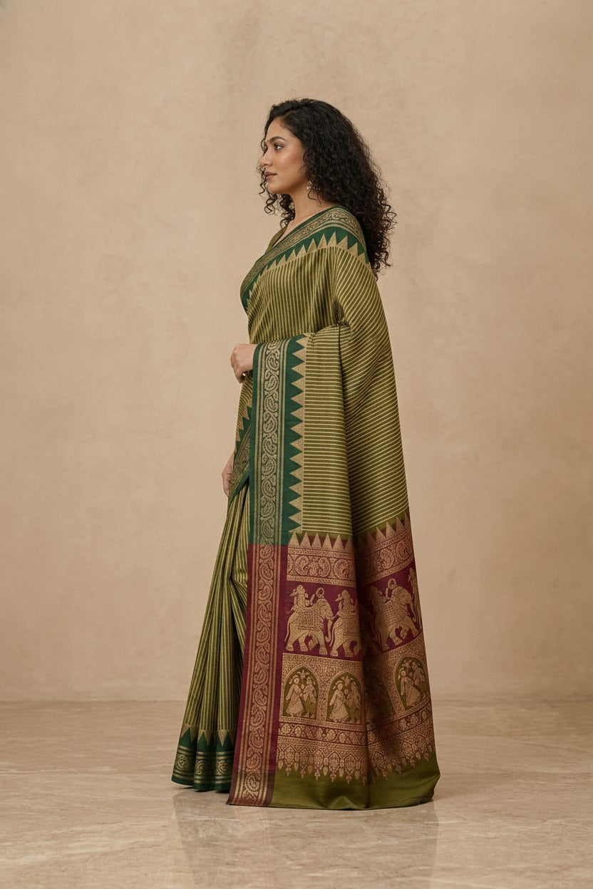 Striped Modal Crepe Silk Saree with Ganga-Jamuna Borders in Olive