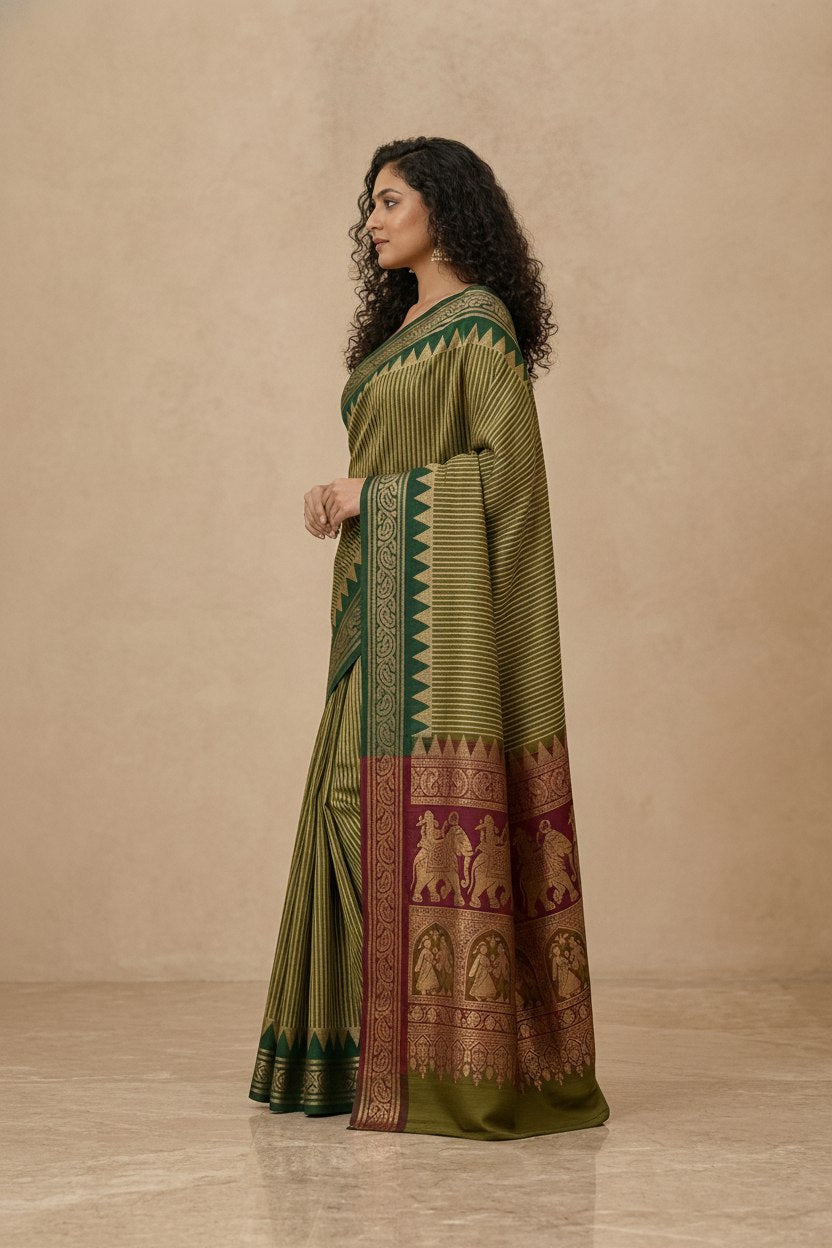 Striped Modal Crepe Silk Saree with Ganga-Jamuna Borders in Olive
