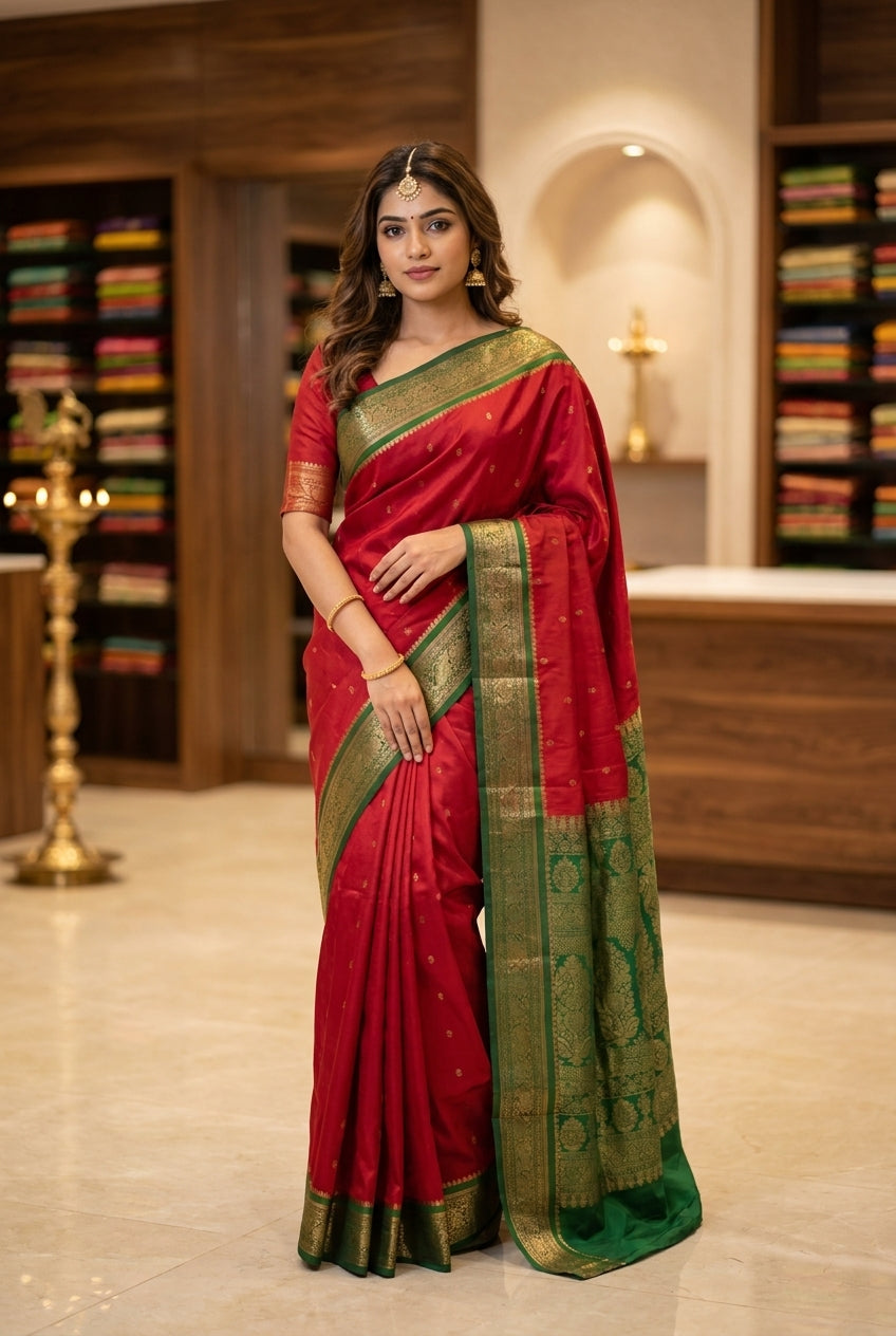'Rani' Crimson Pure Kanjivaram Silk Saree with Contrast Border
