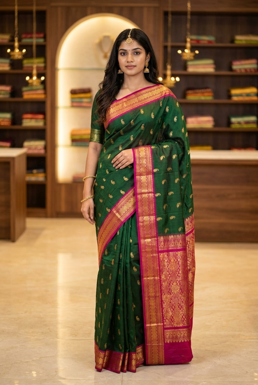 'Temple Gold' Emerald Pure Kanjivaram Silk Saree with Contrast Pallu
