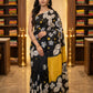 'Midnight Bloom' Black Hand-Painted Pure Katan Silk Saree