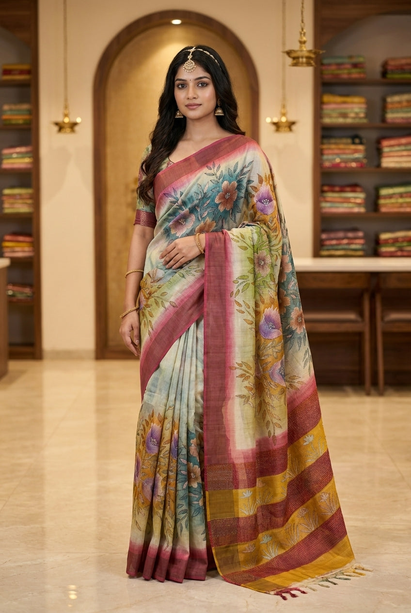 'Brushstroke' Pastel Pure Tassar Hand-Painted Katha Saree
