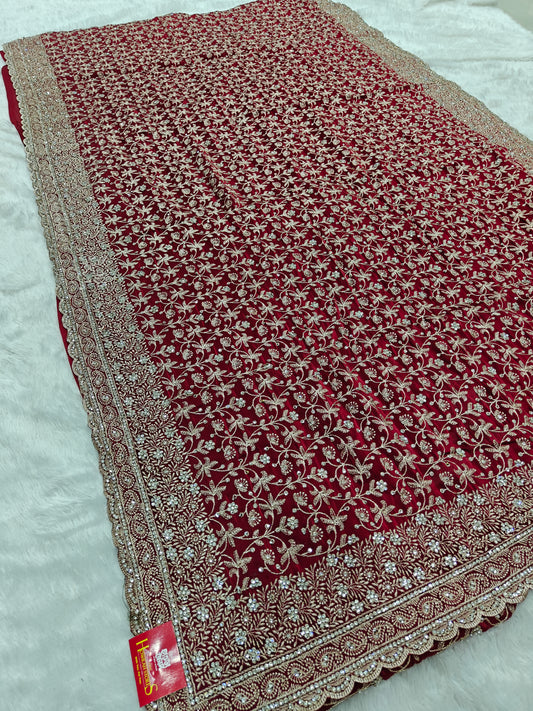 Satin Georgette Saree with Zircon Jaal – Elegance That Shines