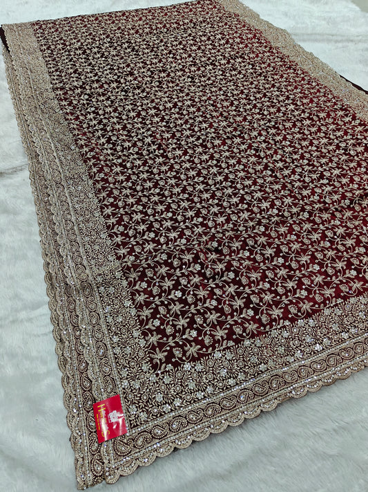 Satin Georgette Saree with Zircon Jaal Work – Sparkle Meets Sophistication
