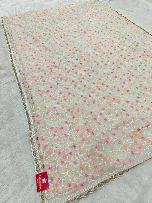 Parsi Embroidery on Organza Silk Saree