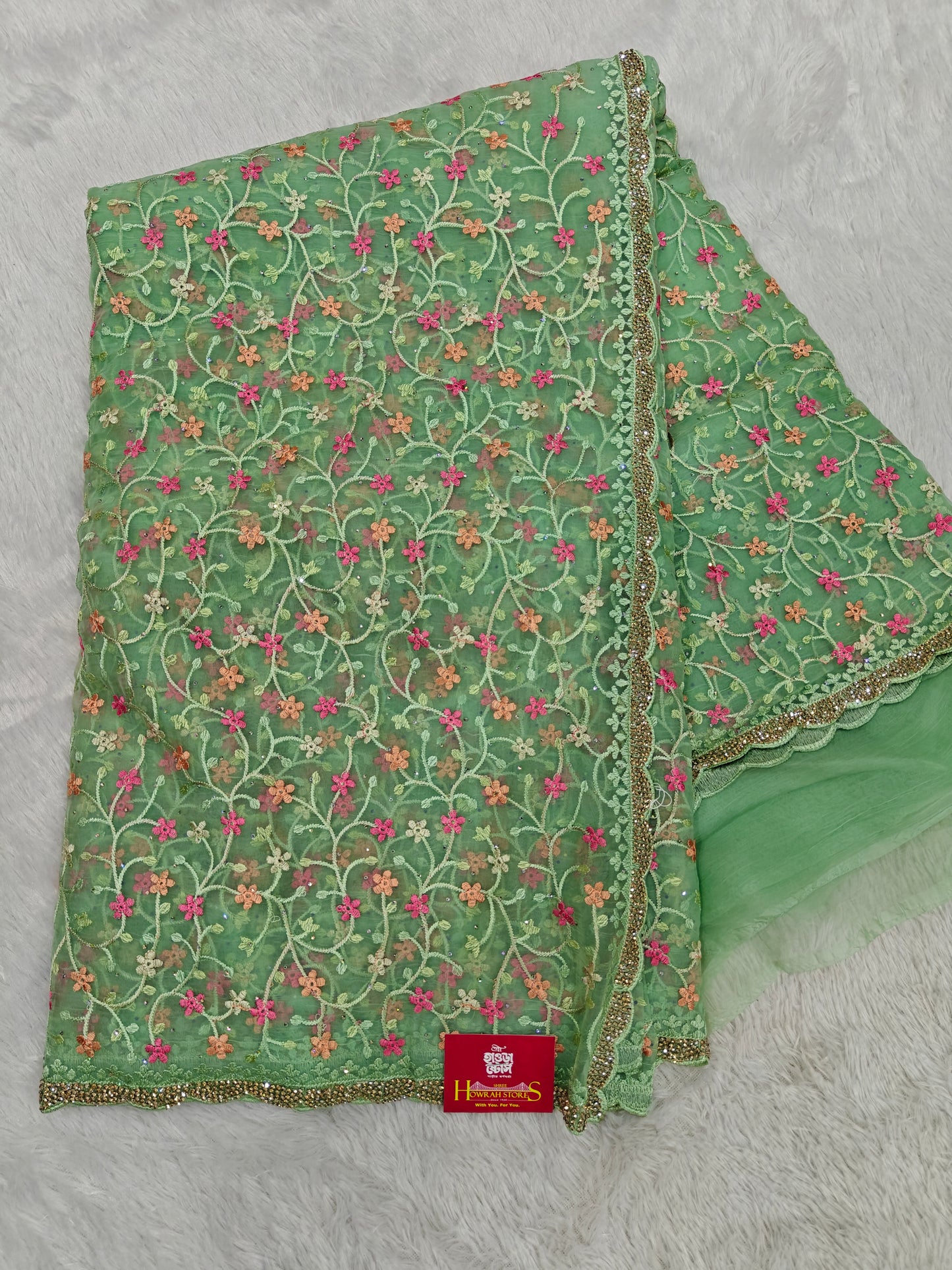 Parsi Embroidery on Organza Silk Saree