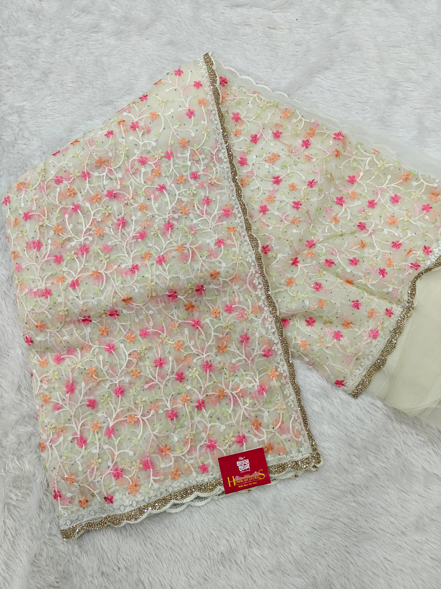 Parsi Embroidery on Organza Silk Saree