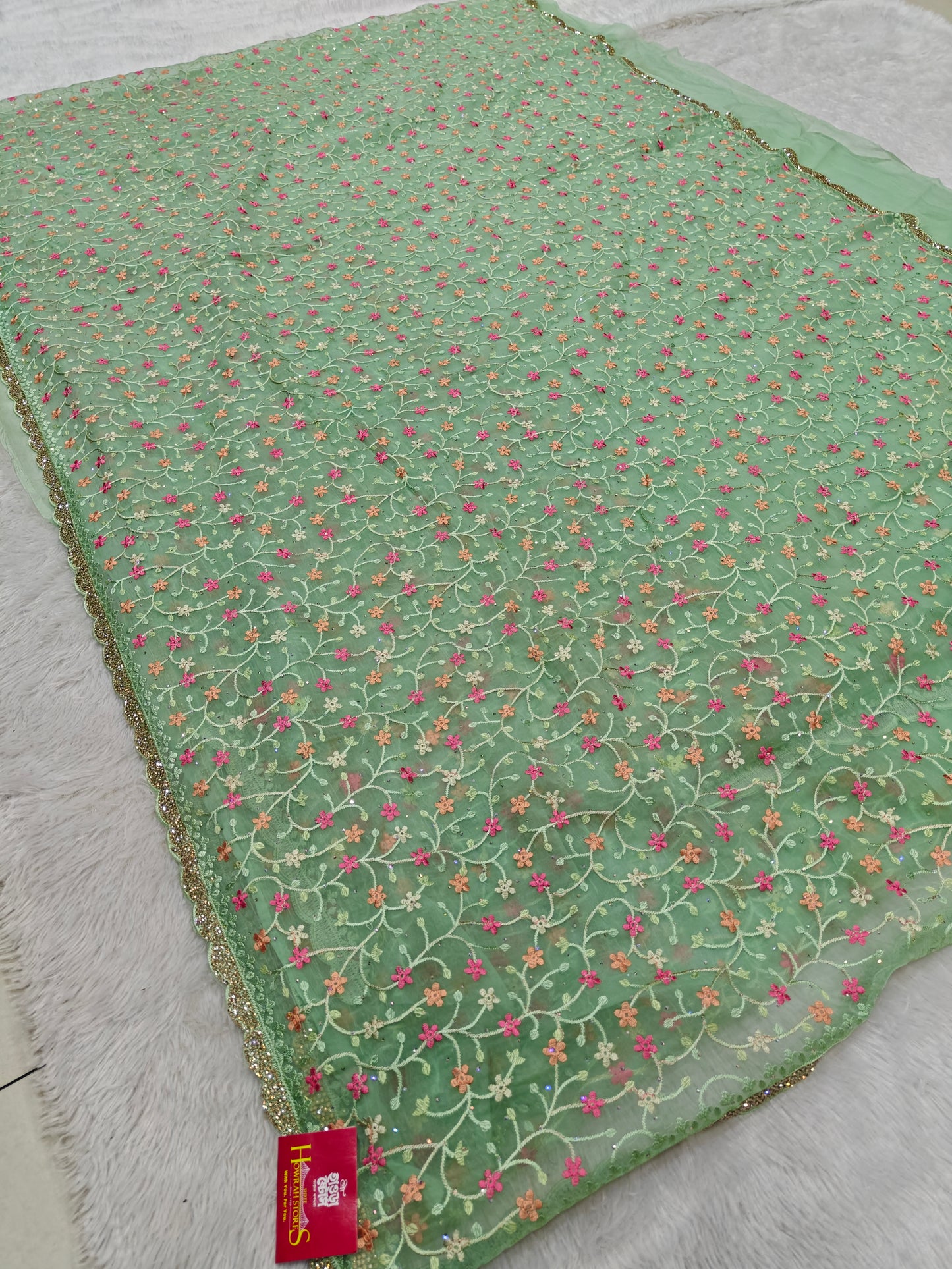 Parsi Embroidery on Organza Silk Saree
