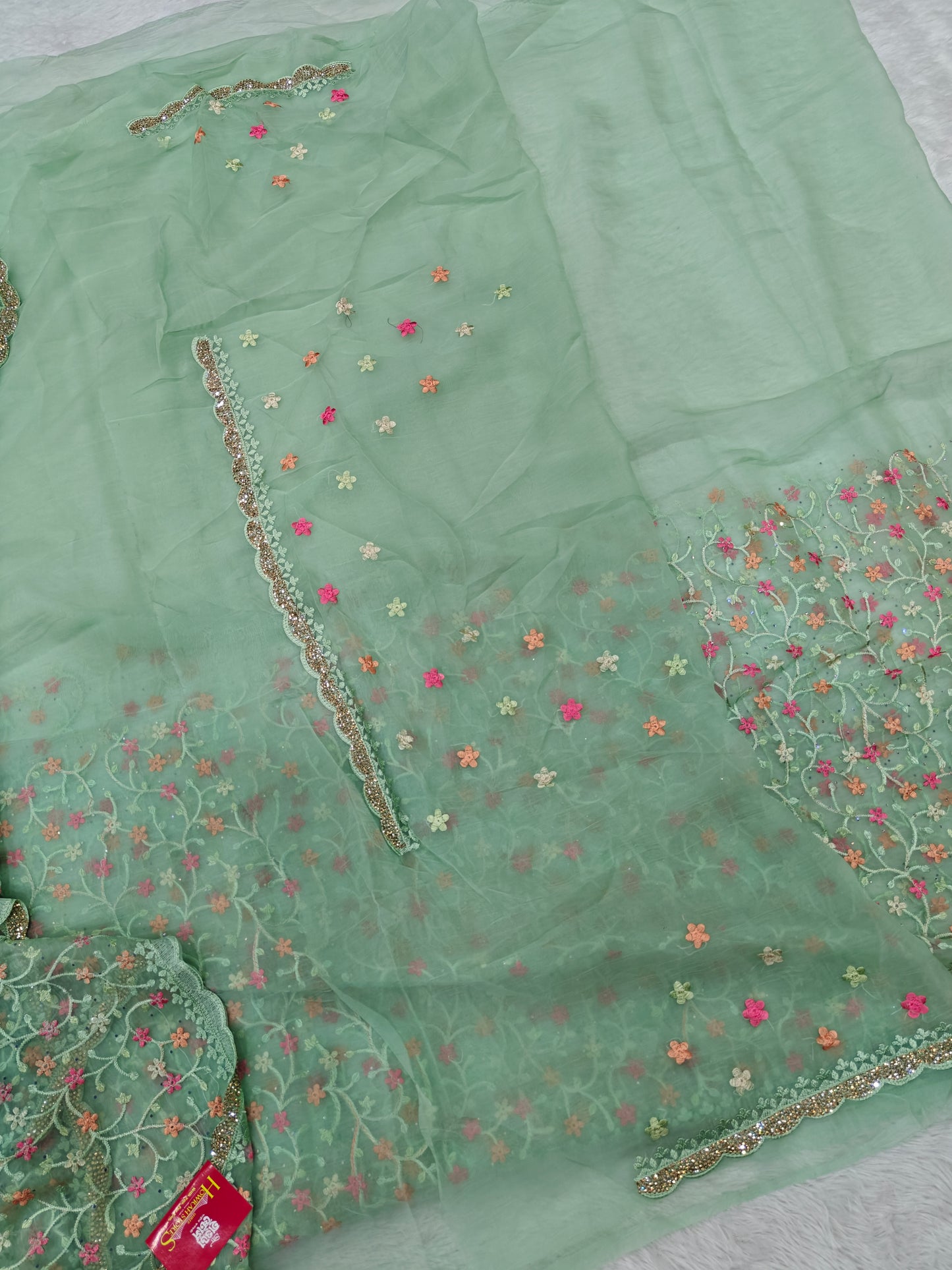 Parsi Embroidery on Organza Silk Saree