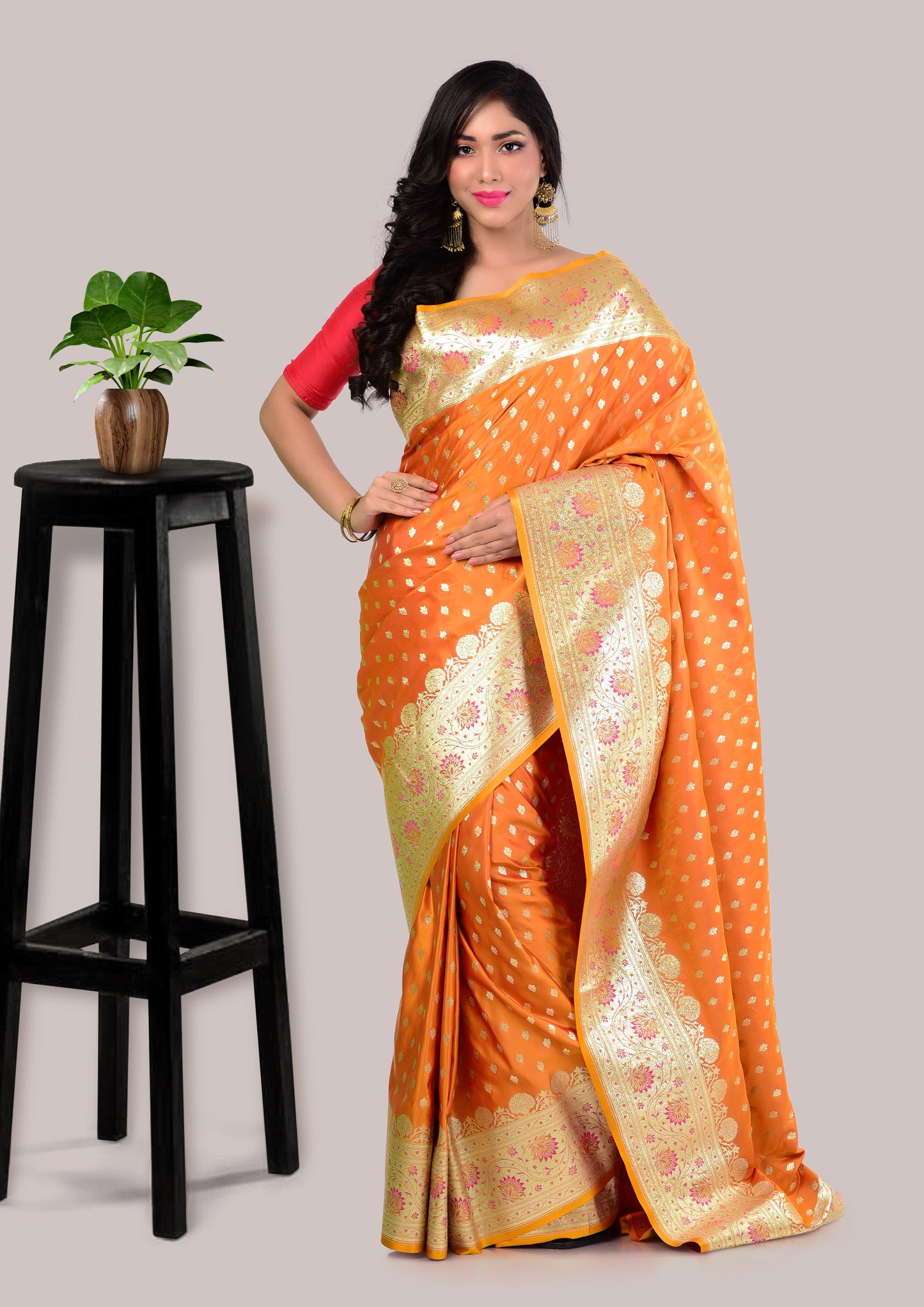 Mustard Orange Banarasi Silk Saree with Blouse Piece