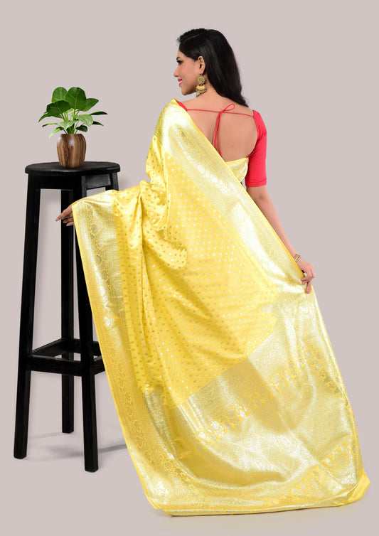 Lemon Yellow Katan Banarasi Saree with Blouse Piece