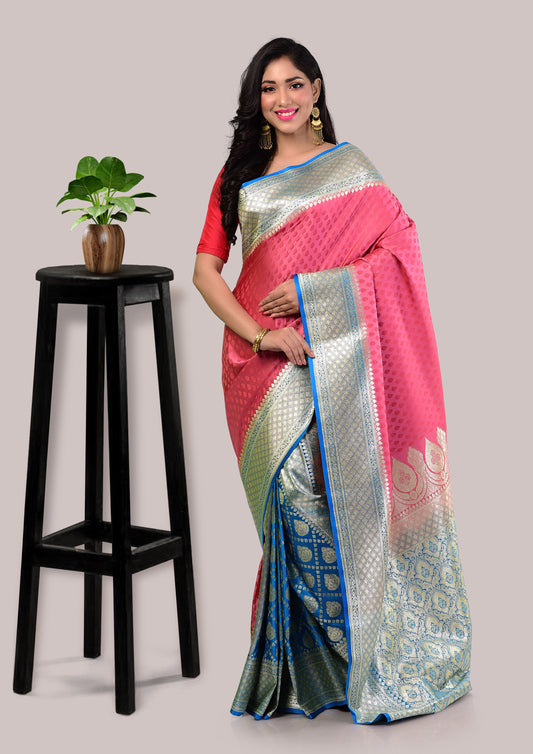 Strawberry Pink Tanchoi Silk Saree with Blouse Piece