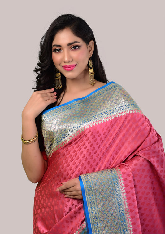 Strawberry Pink Tanchoi Silk Saree with Blouse Piece