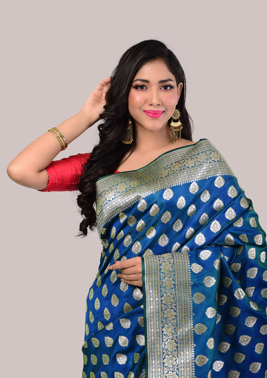 Blue with Green Banarasi Silk Saree with Blouse Piece