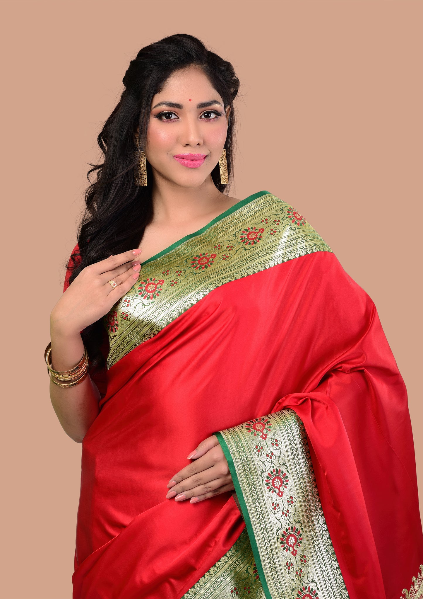 Vermillion Red Katan Silk Saree with Blouse Piece