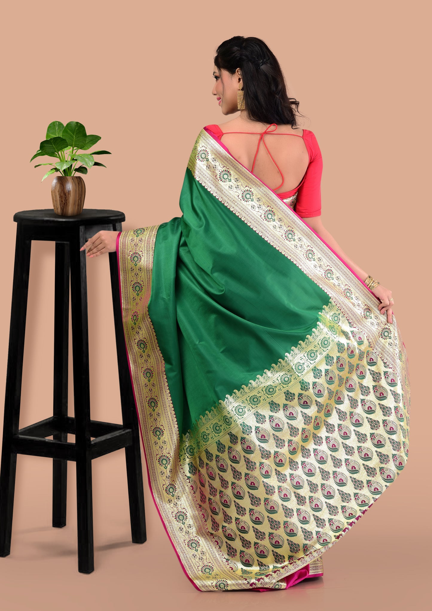 Emerald Green Katan Silk Saree with Blouse Piece