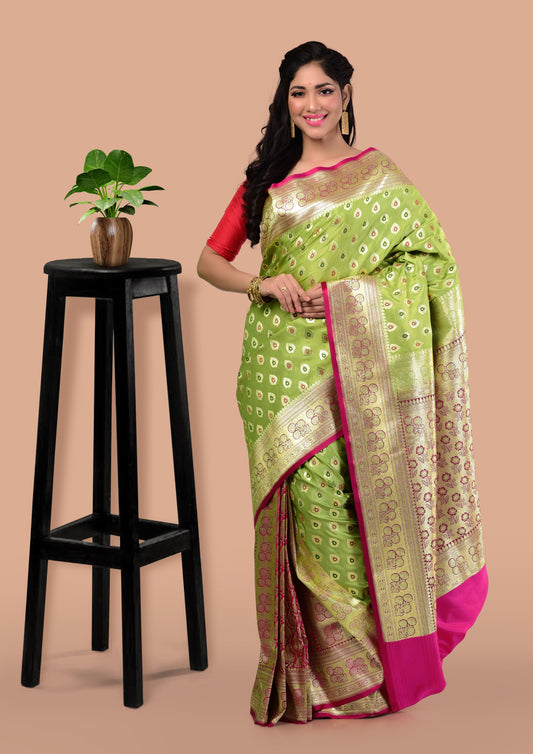 Lime Green Meenakari Banarasi Silk Saree with Blouse Piece
