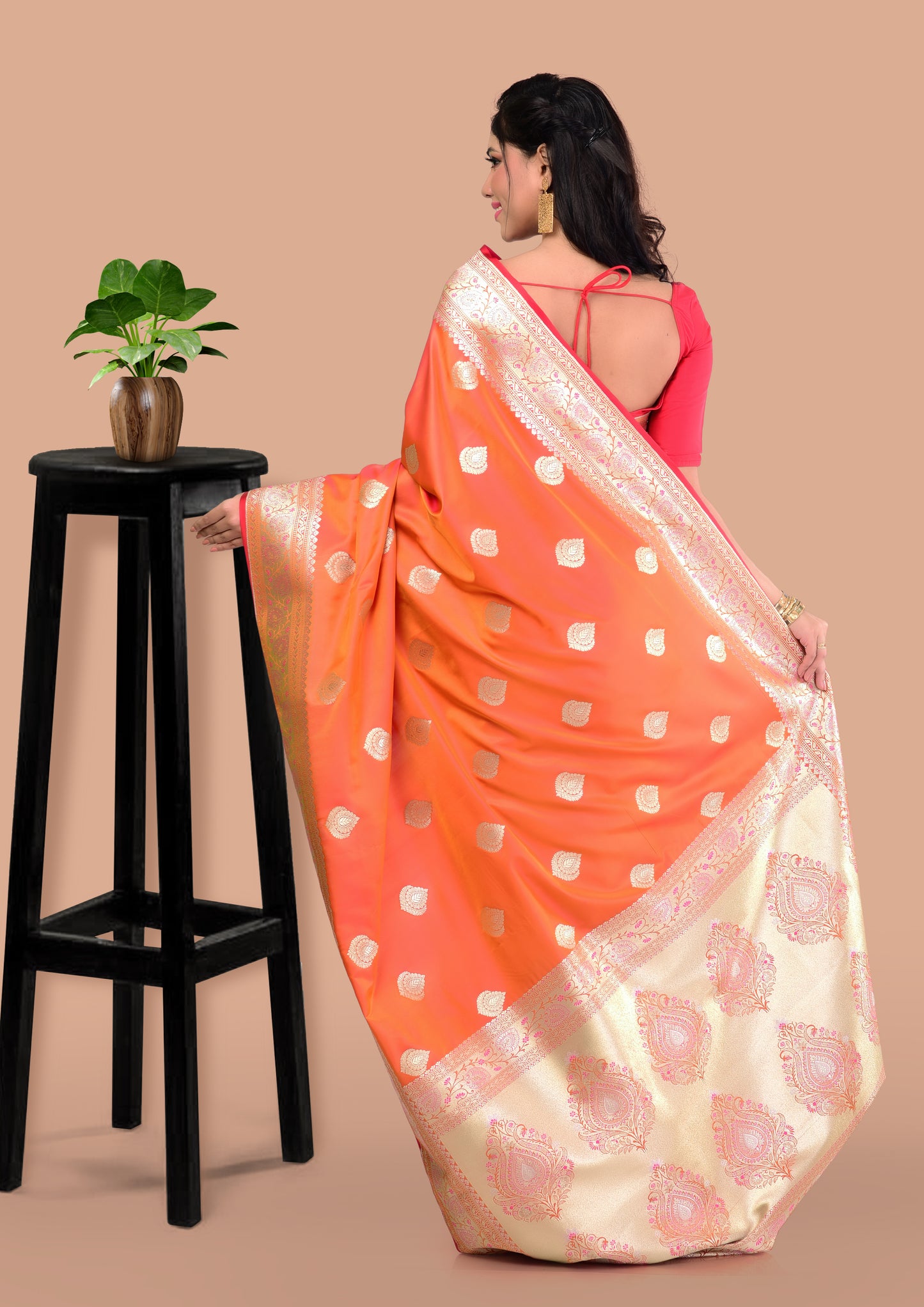 Fiery Orange Katan Silk Saree with Blouse Piece